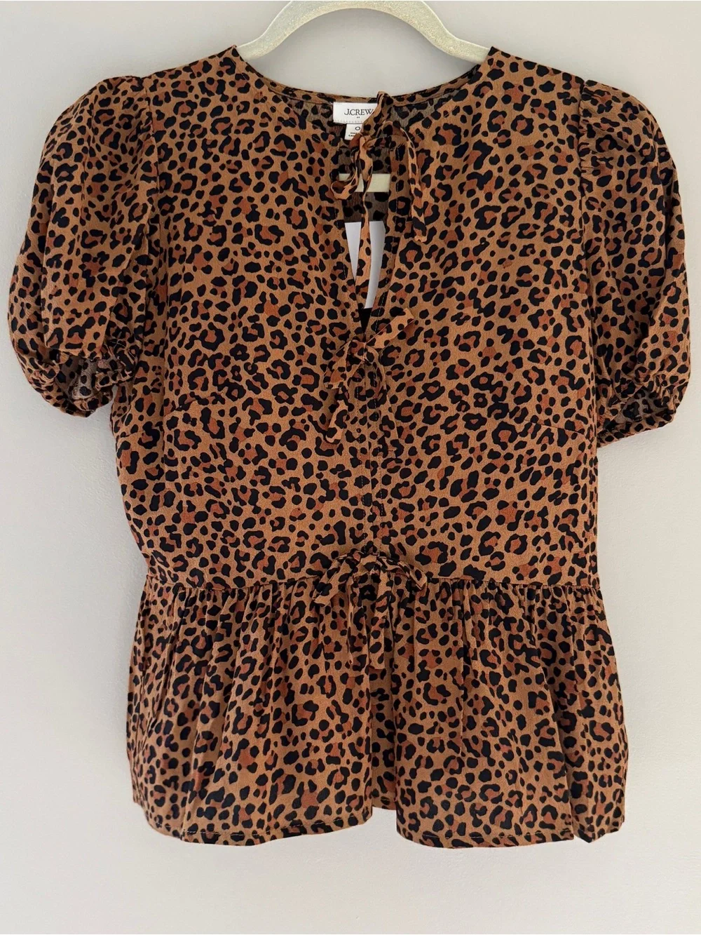 J.Crew Leopard Print Puff Sleeve Peplum Blouse - Size 0 (NWT)